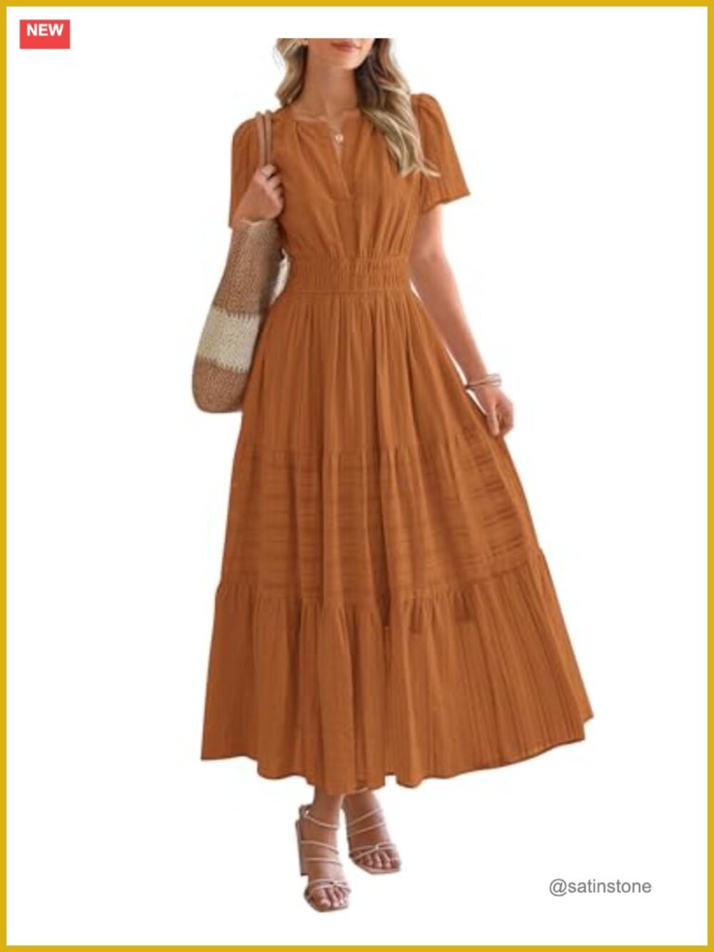 Lightweight Short Sleeve Maxi Dress V Neck Tiered Ruffle Elastic Waist with
